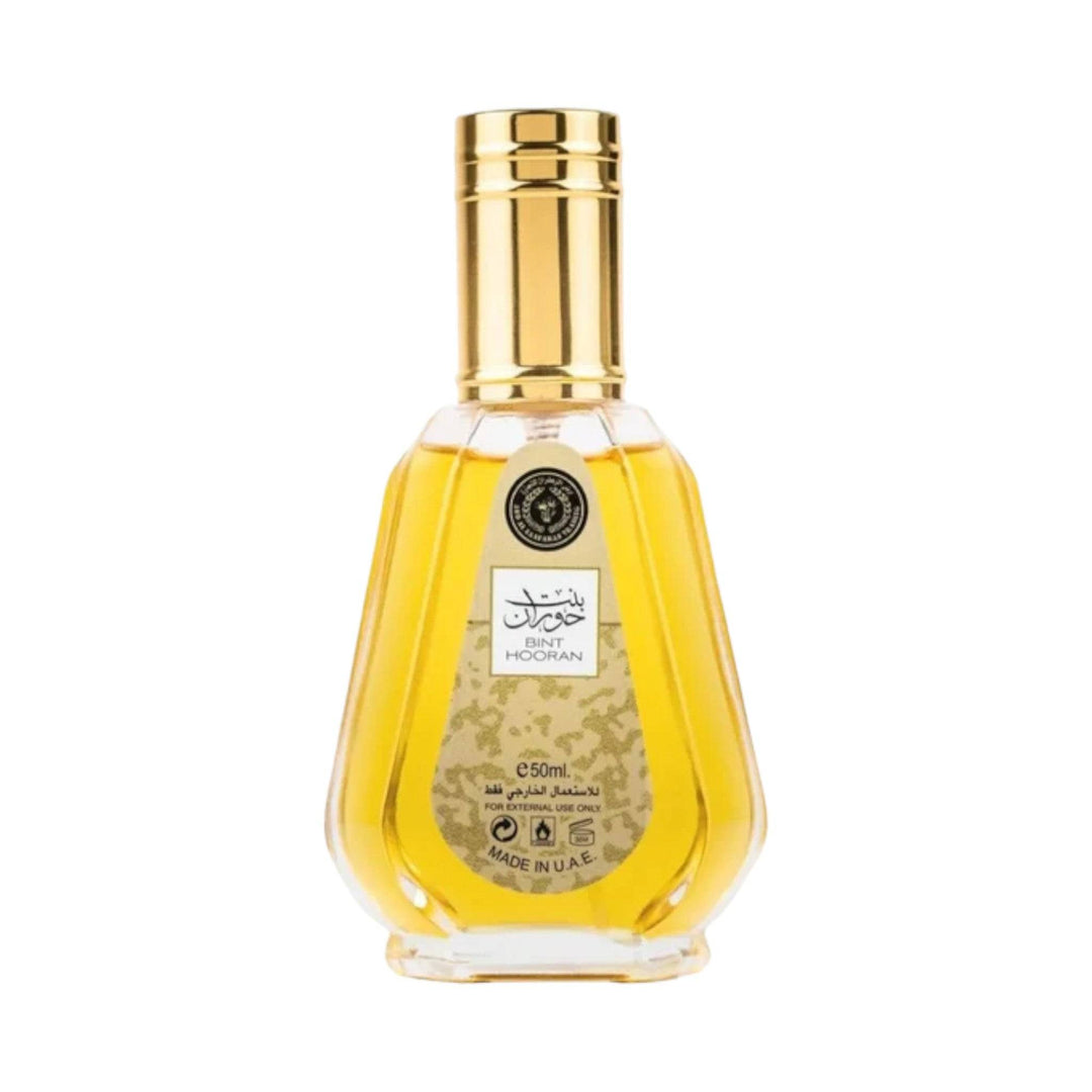 Bint Hooran 50ml EDP bottle by Ard Al Zaafaran, featuring oriental notes of Oudh, bergamot, and sandalwood in a stunning design.