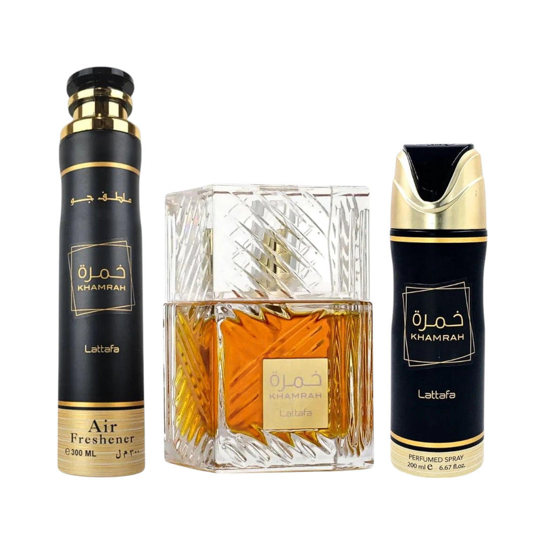 Khamrah 3pcs Gift Set by Lattafa – Eau de Parfum, Deodorant, Air Freshener