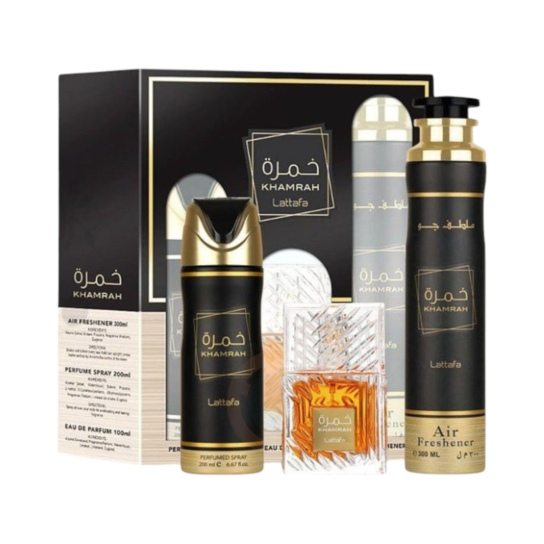 Khamrah 3pcs Gift Set by Lattafa – Eau de Parfum, Deodorant, Air Freshener