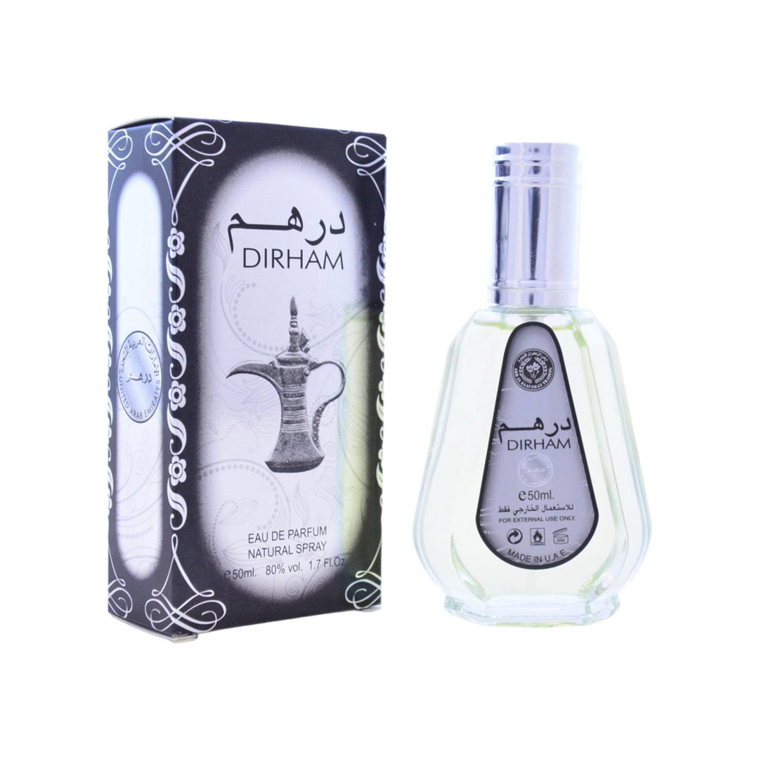 Dirham 50ml Eau de Parfum by Ard al Zaafaran in a sleek bottle, showcasing its bright citrus and floral notes against a woody base.