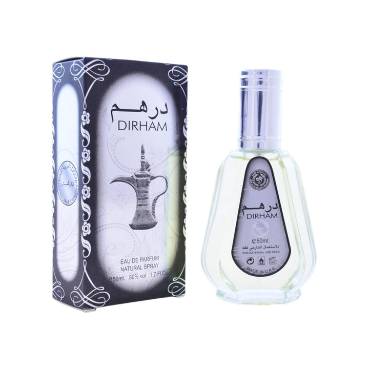 Dirham 50ml Eau de Parfum by Ard al Zaafaran in a sleek bottle, showcasing its bright citrus and floral notes against a woody base.