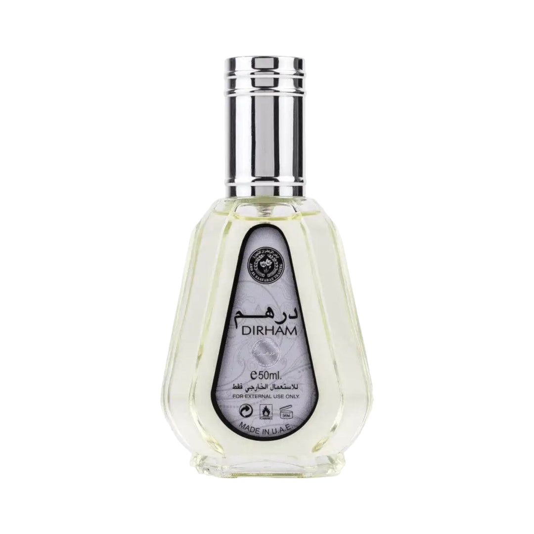 Dirham 50ml Eau de Parfum by Ard al Zaafaran in a sleek bottle, showcasing its bright citrus and floral notes against a woody base.