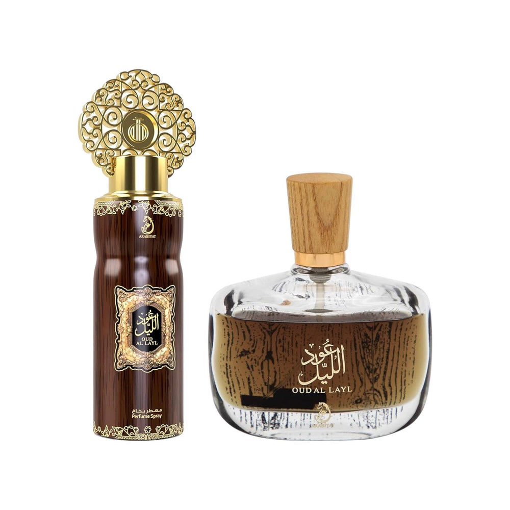 Elegant packaging of Oud Al Layl, symbolizing luxury and the rich heritage of Arabian fragrances.