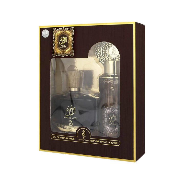Rich notes of rose, saffron, and agarwood from Oud Al Layl, showcasing the depth of the perfume.