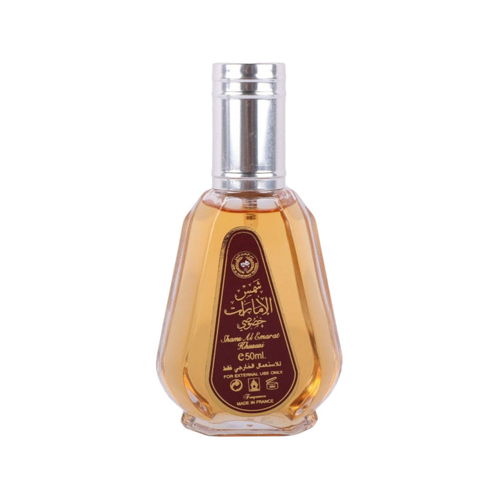 Shams Emarat Khususi 50ml Eau de Parfum by Ard al Zaafaran, showcasing its luxurious bottle and highlighting its warm, vanilla and fruity notes.