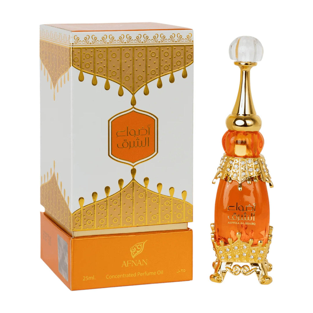 Elegant orange-gold flacon of Afnan Adwaa Al Sharq Perfume Oil 25ml