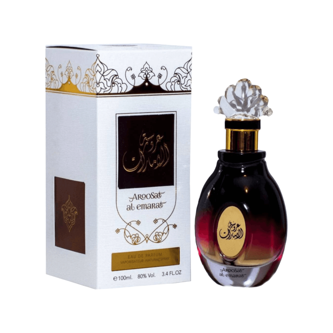 Aroosat Al Emarat perfume bottle showcasing its floral-fruity essence and vanilla undertones.