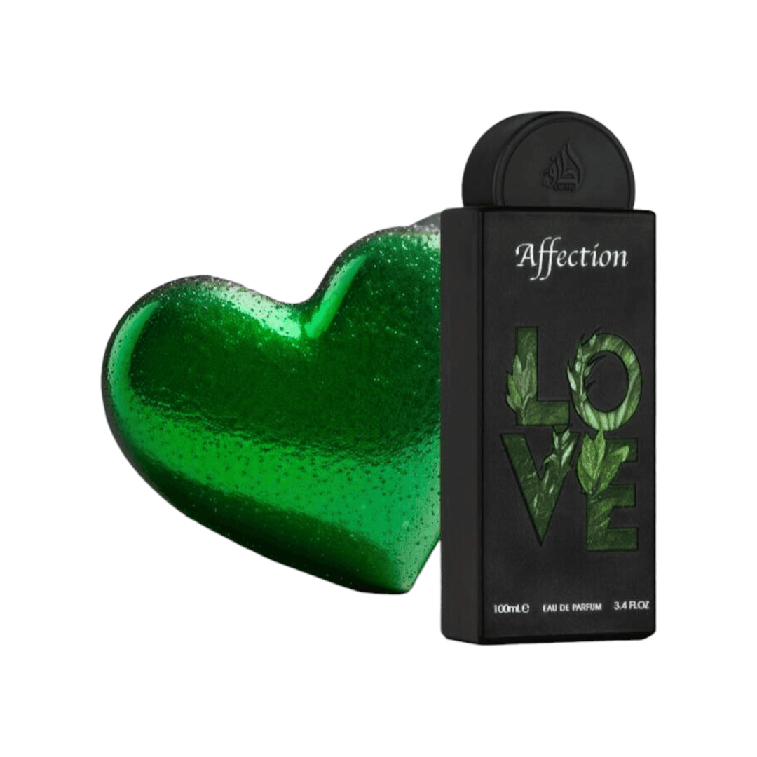 Close-up of Affection Perfume bottle, highlighting its luxurious design and the unique combination of pistachio, hazelnut, and floral scents.