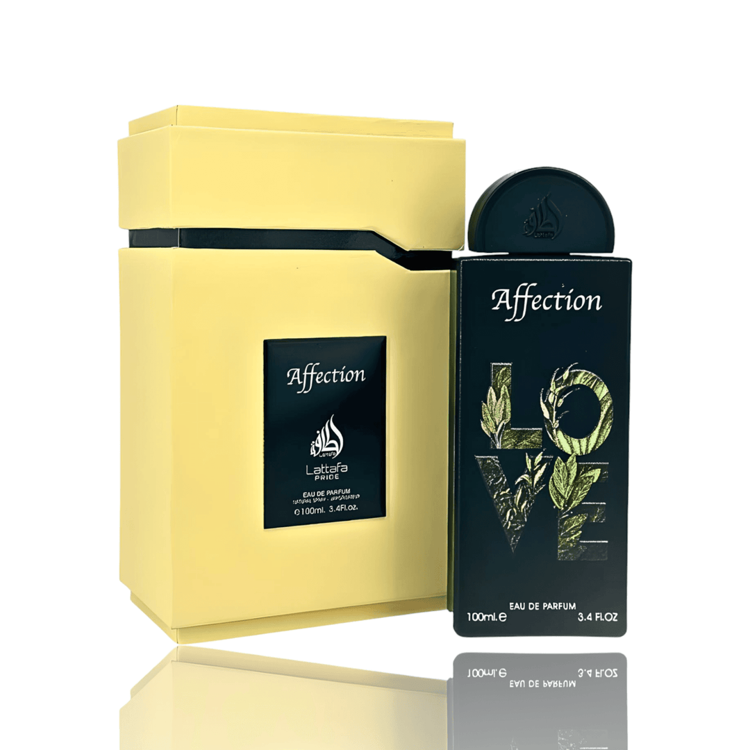 Elegant 100ml bottle of Affection Perfume by Lattafa Pride, showcasing its blend of nutty and floral notes.