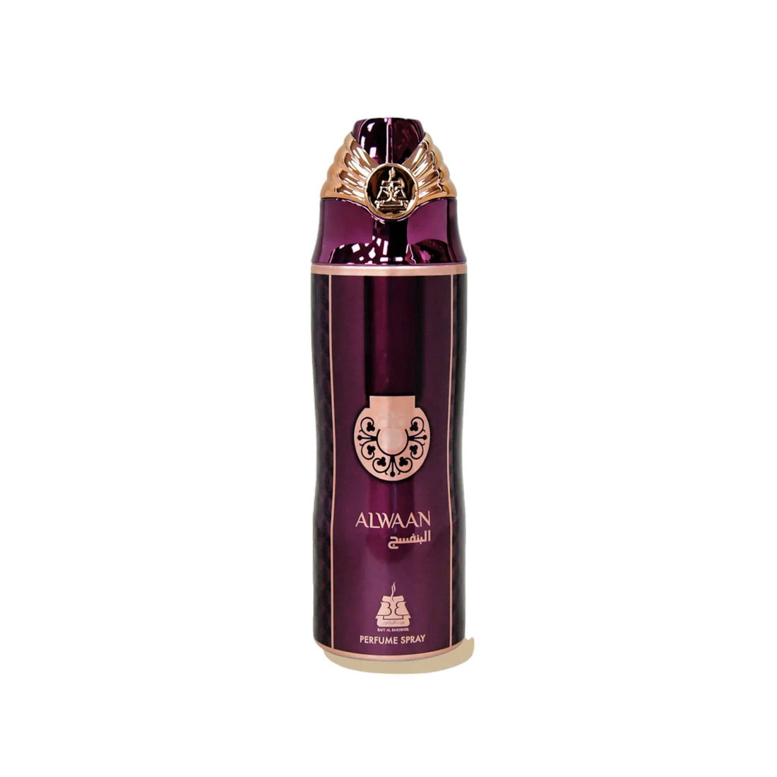 Elegant 200ml bottle of Afnan Alwaan Purple Body Spray, showcasing its vibrant purple design and luxurious appeal.