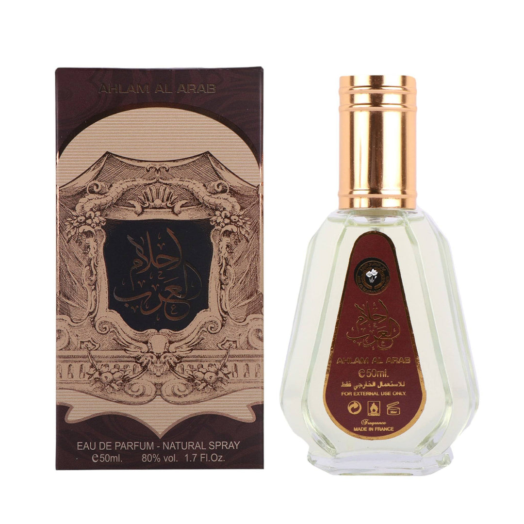 Ahlam Al Arab 50ml EDP bottle by Ard Al Zaafaran displaying its sleek, travel-friendly design against a backdrop of citrus and woody elements.