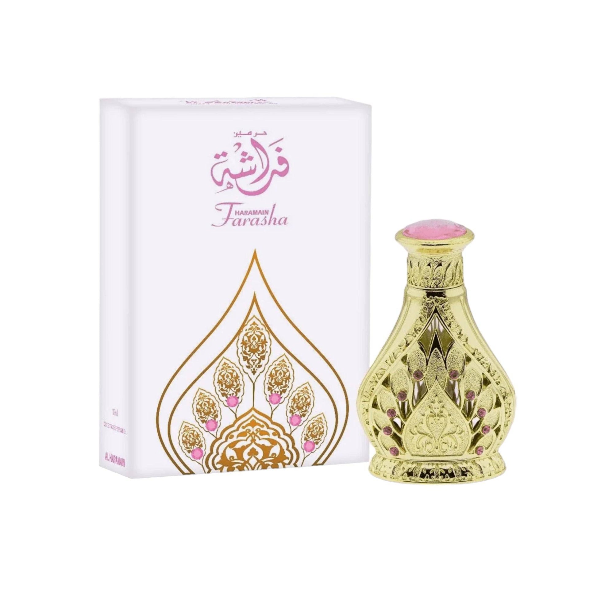 A luxurious bottle of Farasha Oil, the essence of new beginnings, blending florals, oriental spices, and a hint of suave amber.