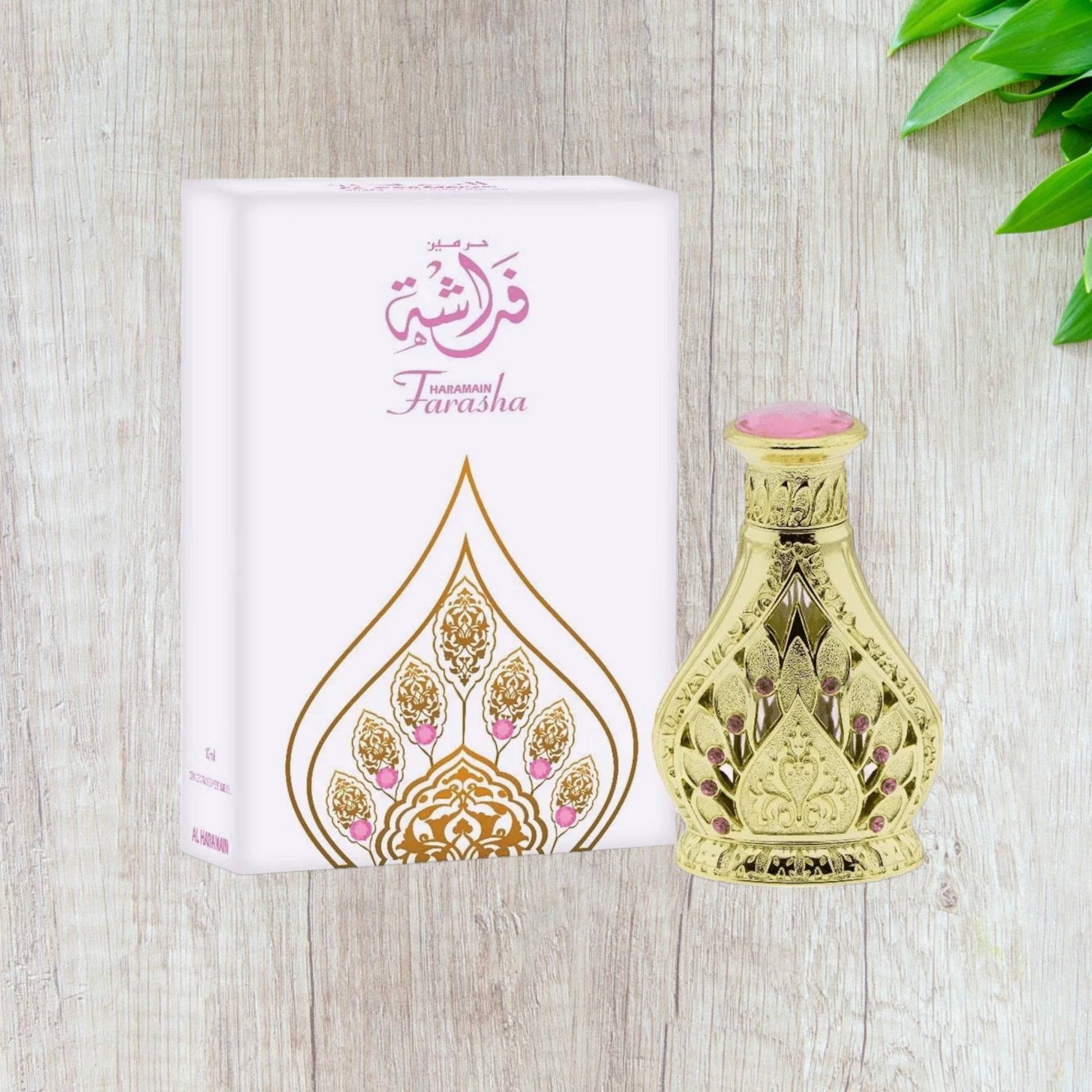 A luxurious bottle of Farasha Oil, the essence of new beginnings, blending florals, oriental spices, and a hint of suave amber.