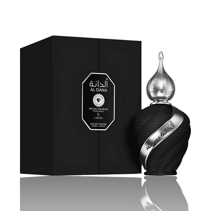 Artistic representation of Al Dana's fragrance notes - Bergamot, Lemon, Pineapple, Pepper, Lime, Jasmine, Lily of the Valley, Frankincense, Patchouli, Amber, Woody and Smoky notes, Musk, illustrating its captivating and versatile aroma.