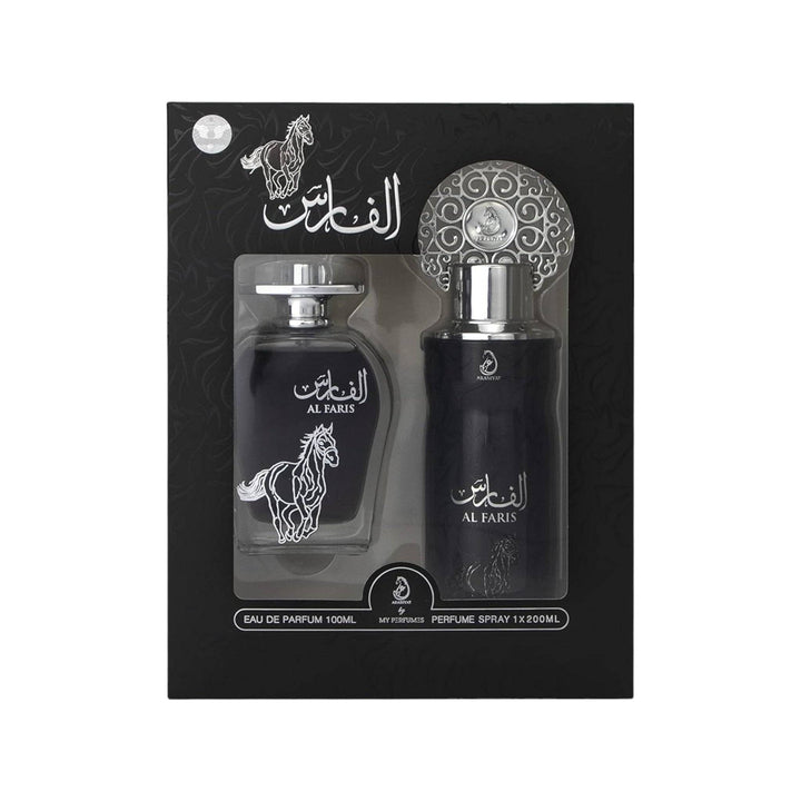 The elegant Al Faris fragrance set, a perfect harmony of citrus, floral, musk, and woody notes.