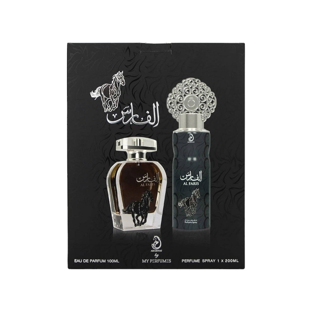 Al Faris Gift Set by My Perfumes, showcasing the Eau De Parfum and Perfume Spray bottles.