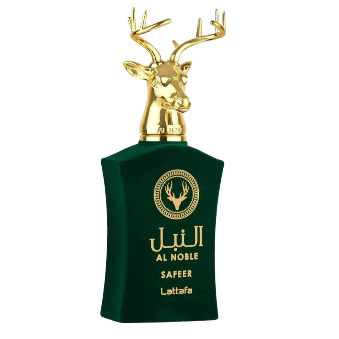 Elegant crystal top glass bottle of Al Noble Safeer Perfume by Lattafa, showcasing its luxurious and spicy-woody aroma.