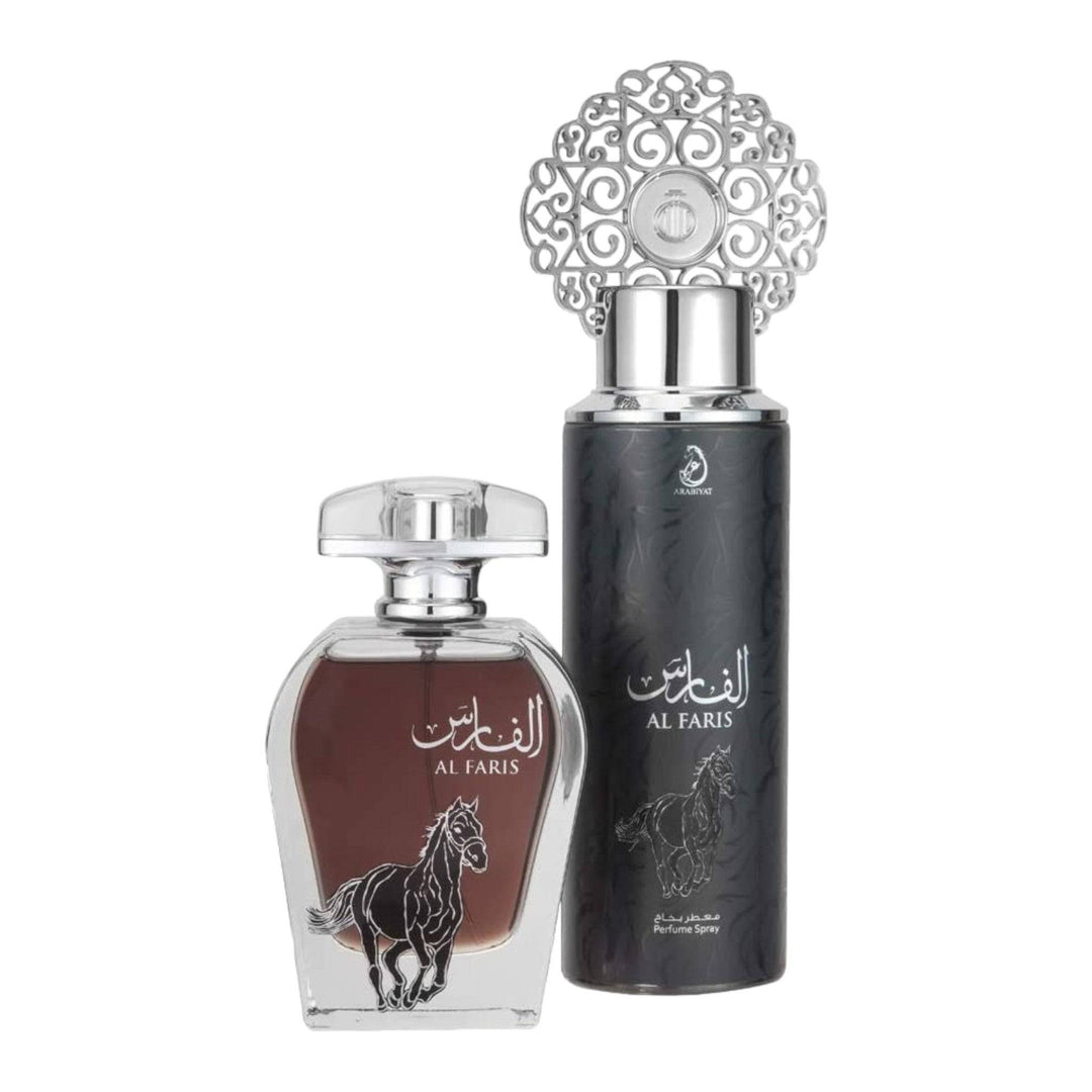 Sleek and sophisticated Al Faris bottles, capturing the essence of luxury and depth of fragrance.