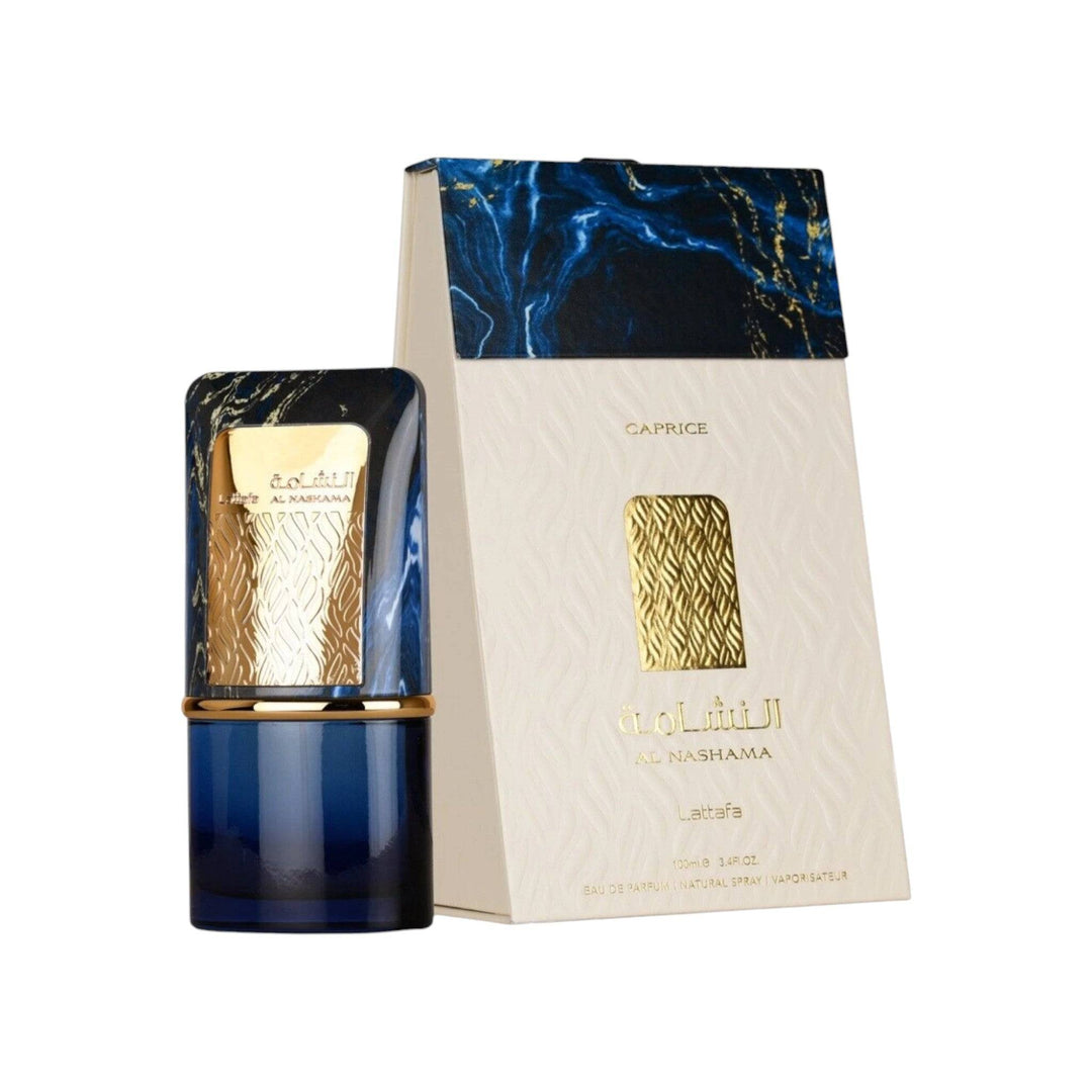 AL Nashama Caprice EDP by Lattafa Perfumes in a 100ml bottle, showcasing a blend of spicy cardamom, fresh bergamot, and rich woody notes.