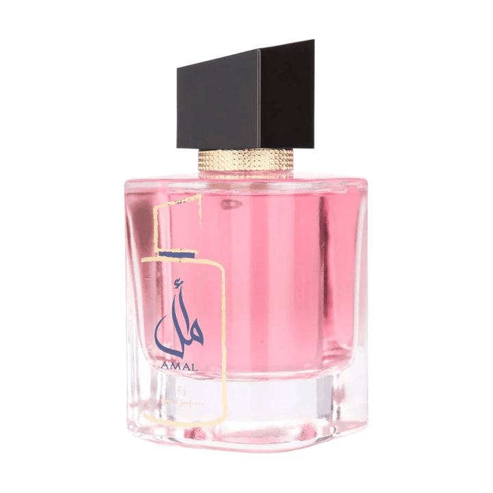 Visual depiction of Amal's fragrance pyramid, showcasing the transition from floral top notes to a creamy milky base.