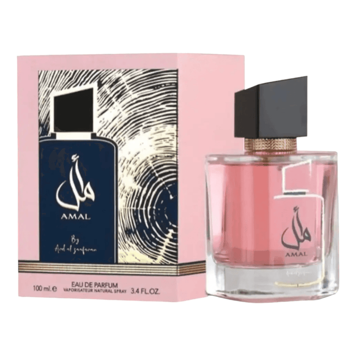 Elegant bottle of Amal 100ml Eau de Parfum by Ard Al Zaafaran, highlighting its orange blossom top notes.