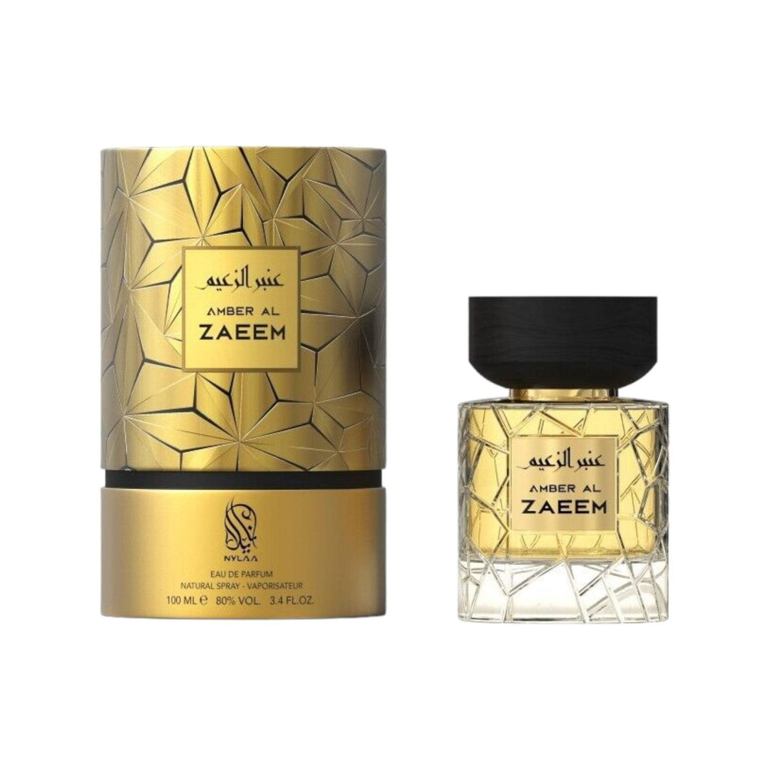 Elegant bottle of Amber Al Zaeem Eau De Parfum by Nylaa Perfumes, showcasing the luxurious unisex fragrance.