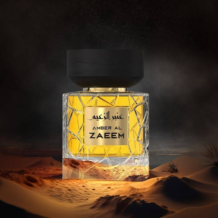 Rich heart and base notes of Amber Al Zaeem fragrance, with amber, patchouli blossoms, and cashmere wood, reflecting sophistication.