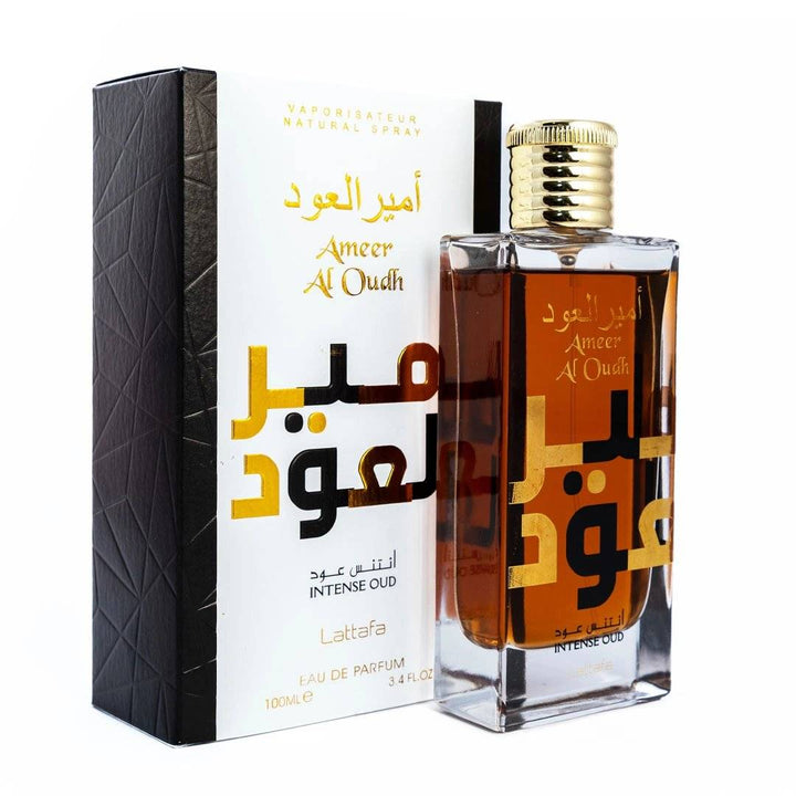 Elegantly designed bottle of the luxurious Ameer Al Oud Eau de Parfum by Lattafa, embodying an intense essence of pure oud oil.