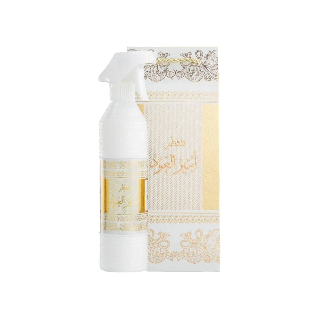 500 ml bottle of Ameer Al Oud Air Freshener, displaying its sleek design and highlighting its alcohol-free, oriental fragrance notes.