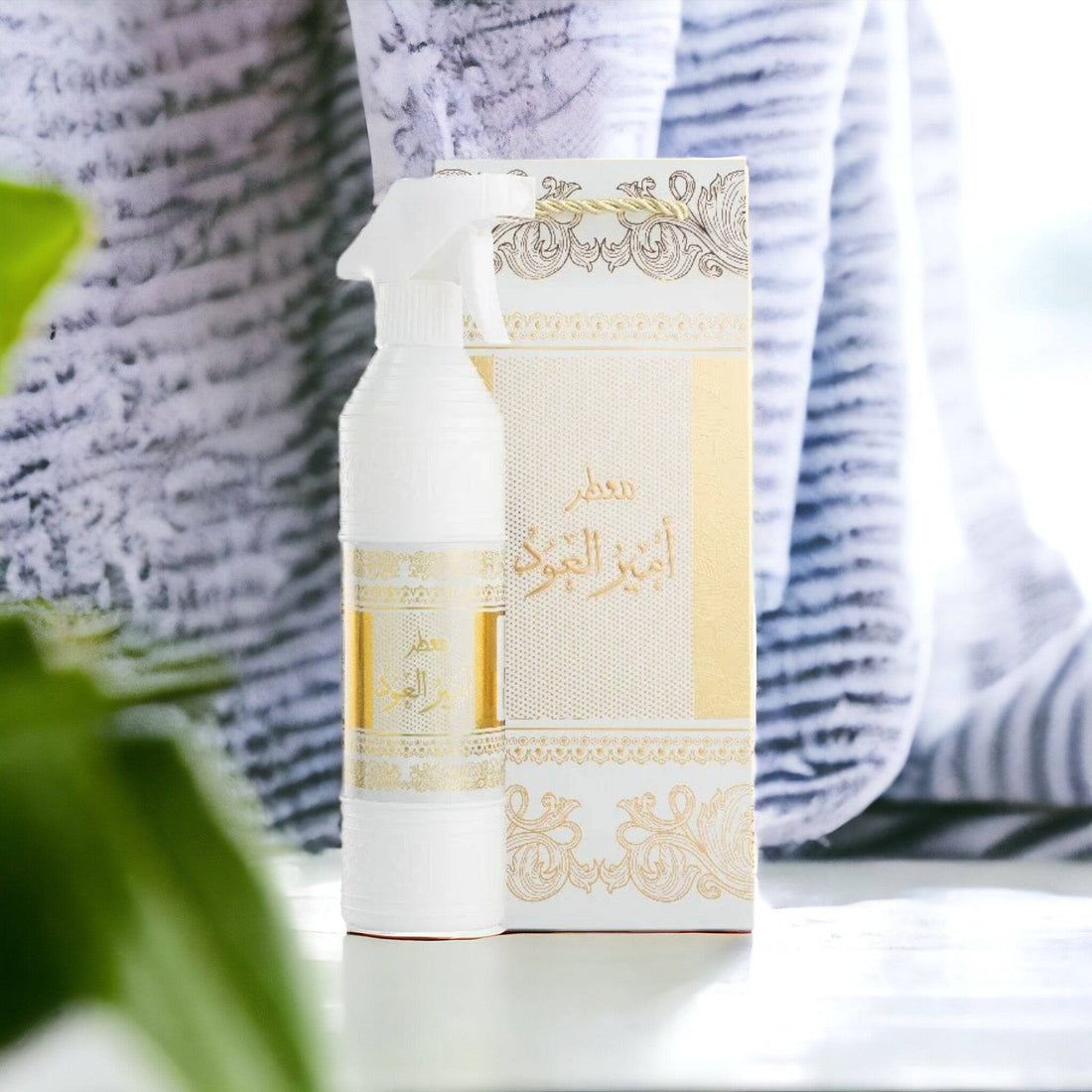 500 ml bottle of Ameer Al Oud Air Freshener, displaying its sleek design and highlighting its alcohol-free, oriental fragrance notes.