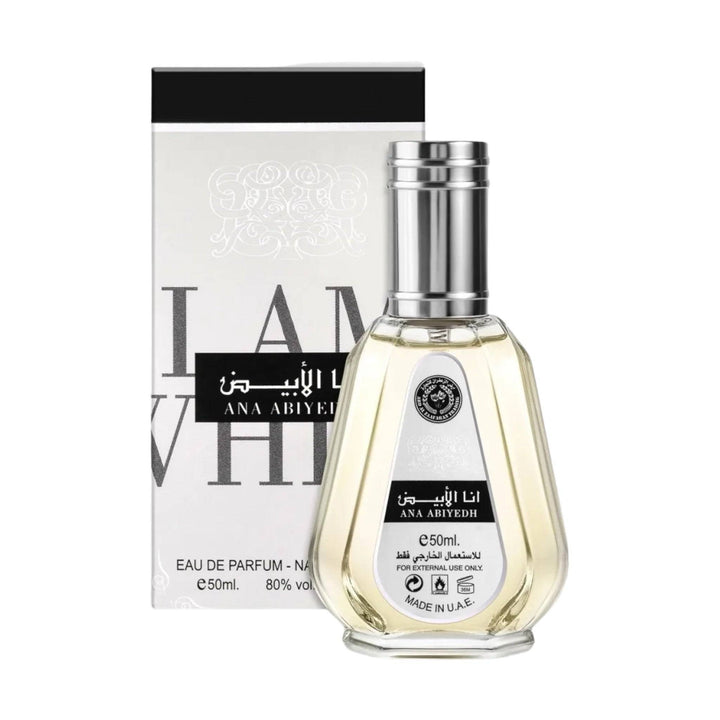 Ana Abiyedh (I Am White) EDP 50ml spray bottle by Ard Al Zaafaran, featuring oud, rose, and woodsy notes