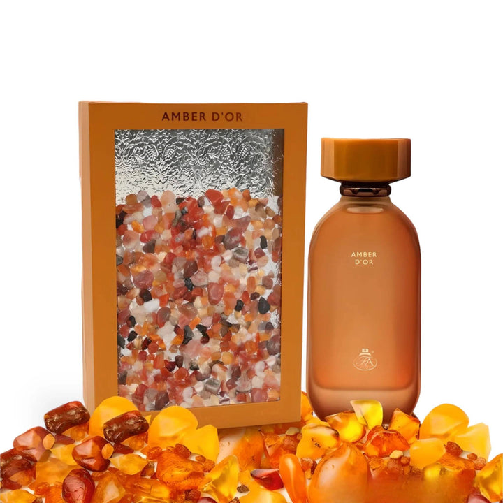 Artistic representation of Amber D’or's fragrance notes - Bergamot, Green notes, Melon, Pineapple, Gourmand, Woody, Vanilla, and Musk, illustrating its opulent and captivating aroma.