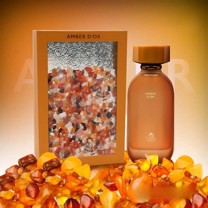 Close-up of Amber D’or perfume bottle, highlighting its refined design and the enchanting blend of bergamot, melon, and pineapple it contains.