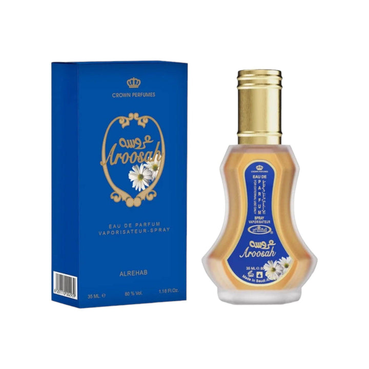 Elegant bottle of Aroosah Perfume by Al-Rehab, designed to capture the essence of a bride's charm and elegance.