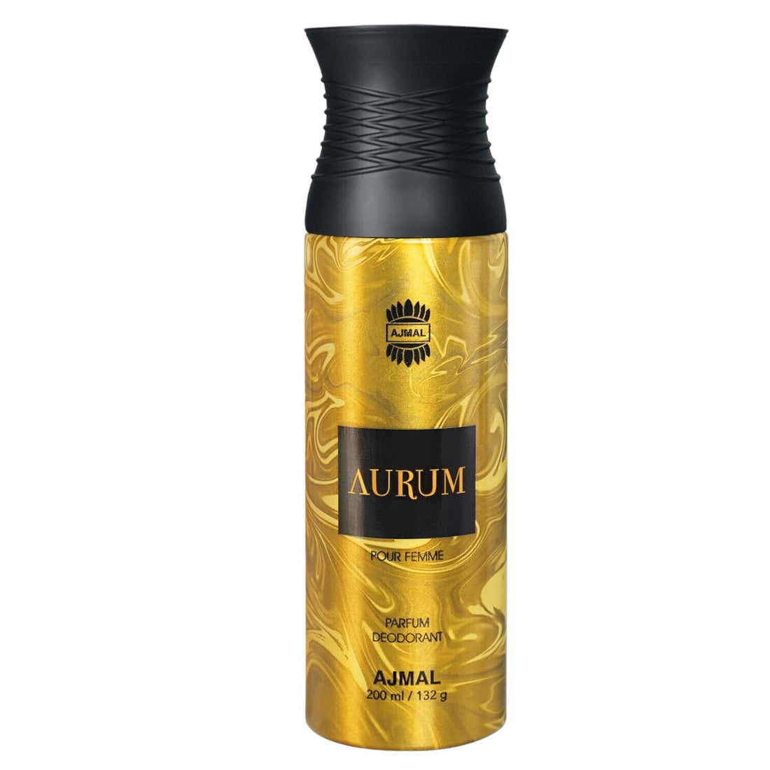 A golden bottle of the glamorous Ajmal Aurum Perfume Deodorant 200ml, the essence of youthful self-indulgence with its mix of fruity, floral, woody and musky notes.