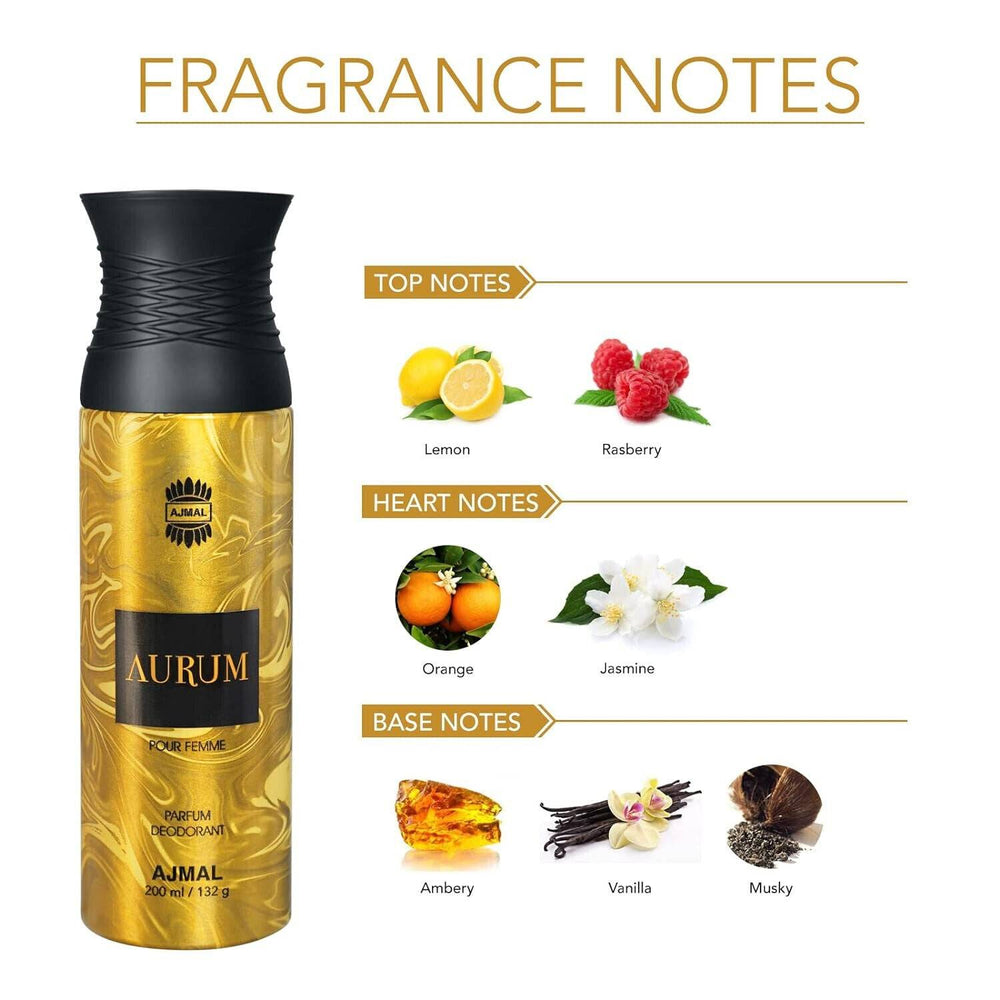 A golden bottle of the glamorous Ajmal Aurum Perfume Deodorant 200ml, the essence of youthful self-indulgence with its mix of fruity, floral, woody and musky notes.