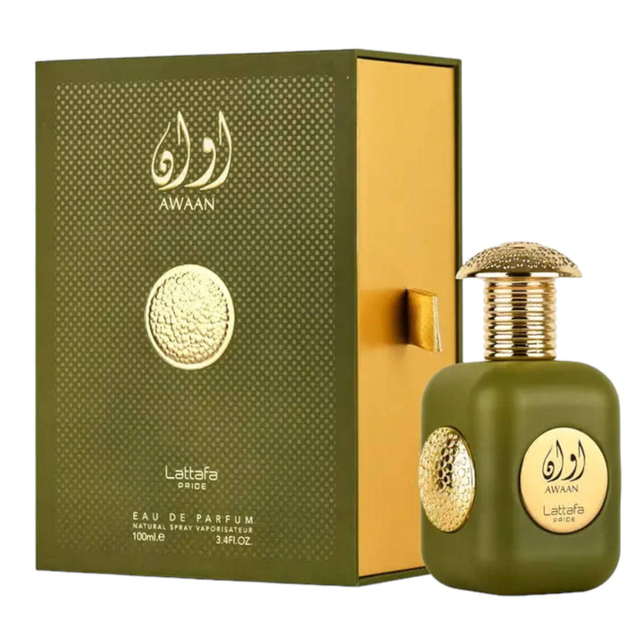 Sophisticated bottle of Awaan Perfume by Lattafa Pride, highlighting its clean and fresh unisex fragrance.