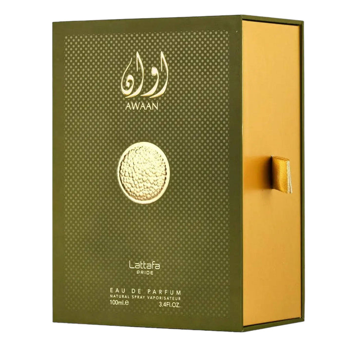 Sophisticated bottle of Awaan Perfume by Lattafa Pride, highlighting its clean and fresh unisex fragrance.