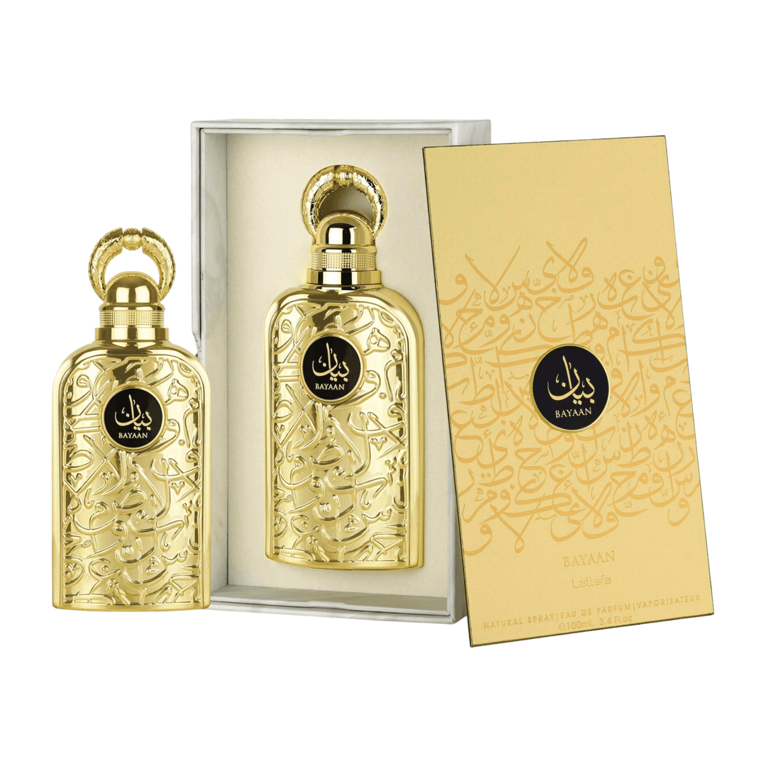 Elegant 100ml bottle of Lattafa Bayaan Eau De Parfum, perfect for both men and women with its floral and spicy notes.