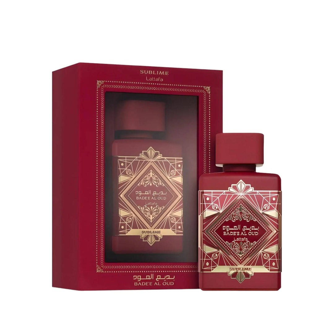 Elegant red 100ml bottle of Bade’e Al Oud Sublime (Oud For Glory Sublime) by Lattafa, reflecting its luxurious and sophisticated nature.