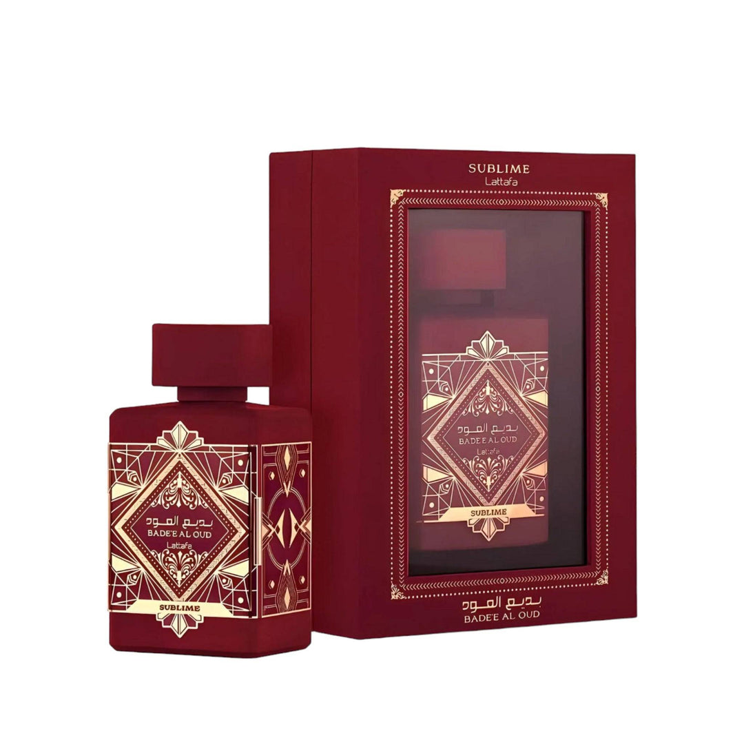 Elegant red 100ml bottle of Bade’e Al Oud Sublime (Oud For Glory Sublime) by Lattafa, reflecting its luxurious and sophisticated nature.