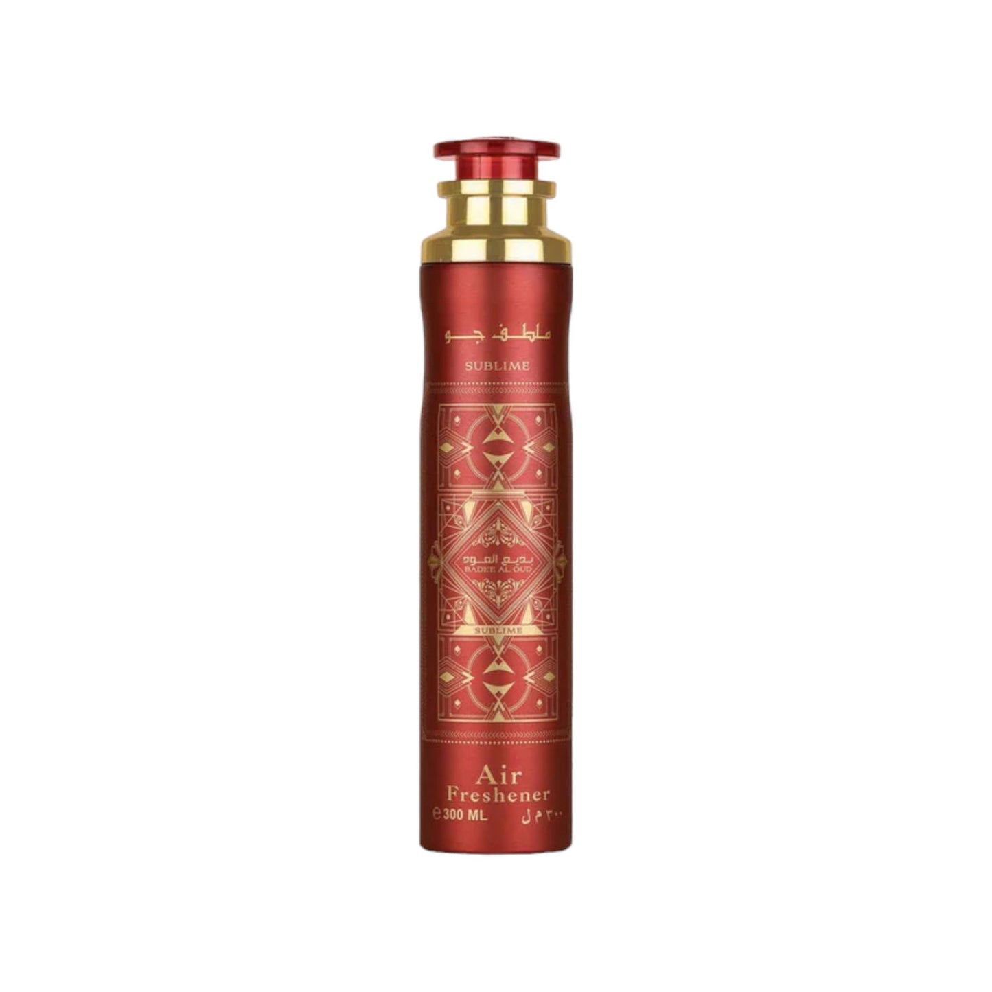 Elegant bottle of Badee Al Oud Sublime Air Freshener by Lattafa, with notes of litchi, rose, and apple