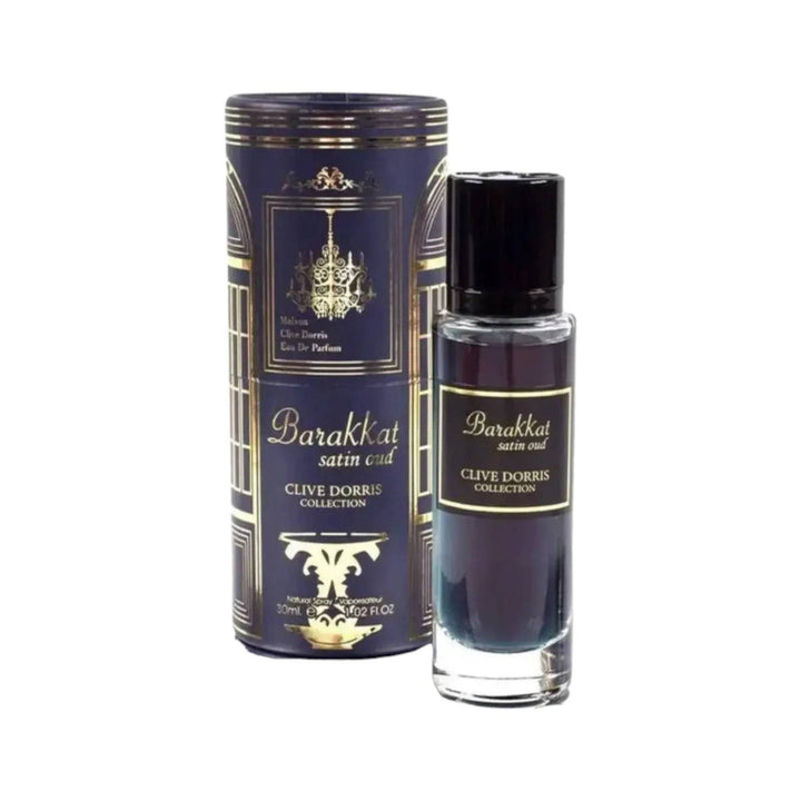 Chic bottle of Barakkat Satin Oud Perfume 30ml EDP from Fragrance World's Clive Dorris Collection, showcasing notes of violet, rose, and vanilla.