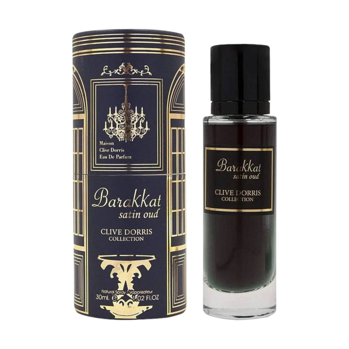 Chic bottle of Barakkat Satin Oud Perfume 30ml EDP from Fragrance World's Clive Dorris Collection, showcasing notes of violet, rose, and vanilla.