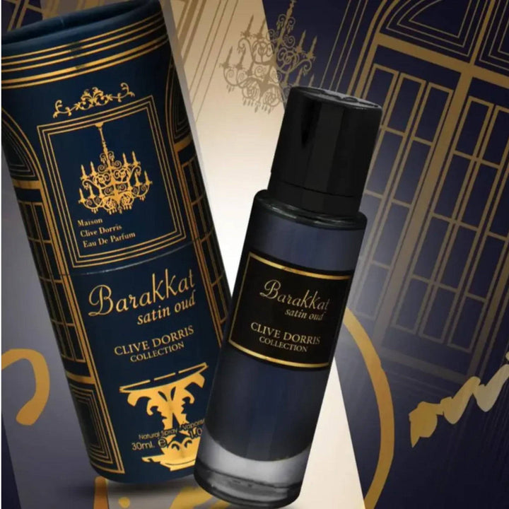 Chic bottle of Barakkat Satin Oud Perfume 30ml EDP from Fragrance World's Clive Dorris Collection, showcasing notes of violet, rose, and vanilla.