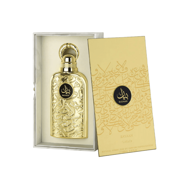 Image showcasing Lattafa Bayaan's fragrance profile, with floral elegance and spicy depth, encapsulated in a sleek bottle.