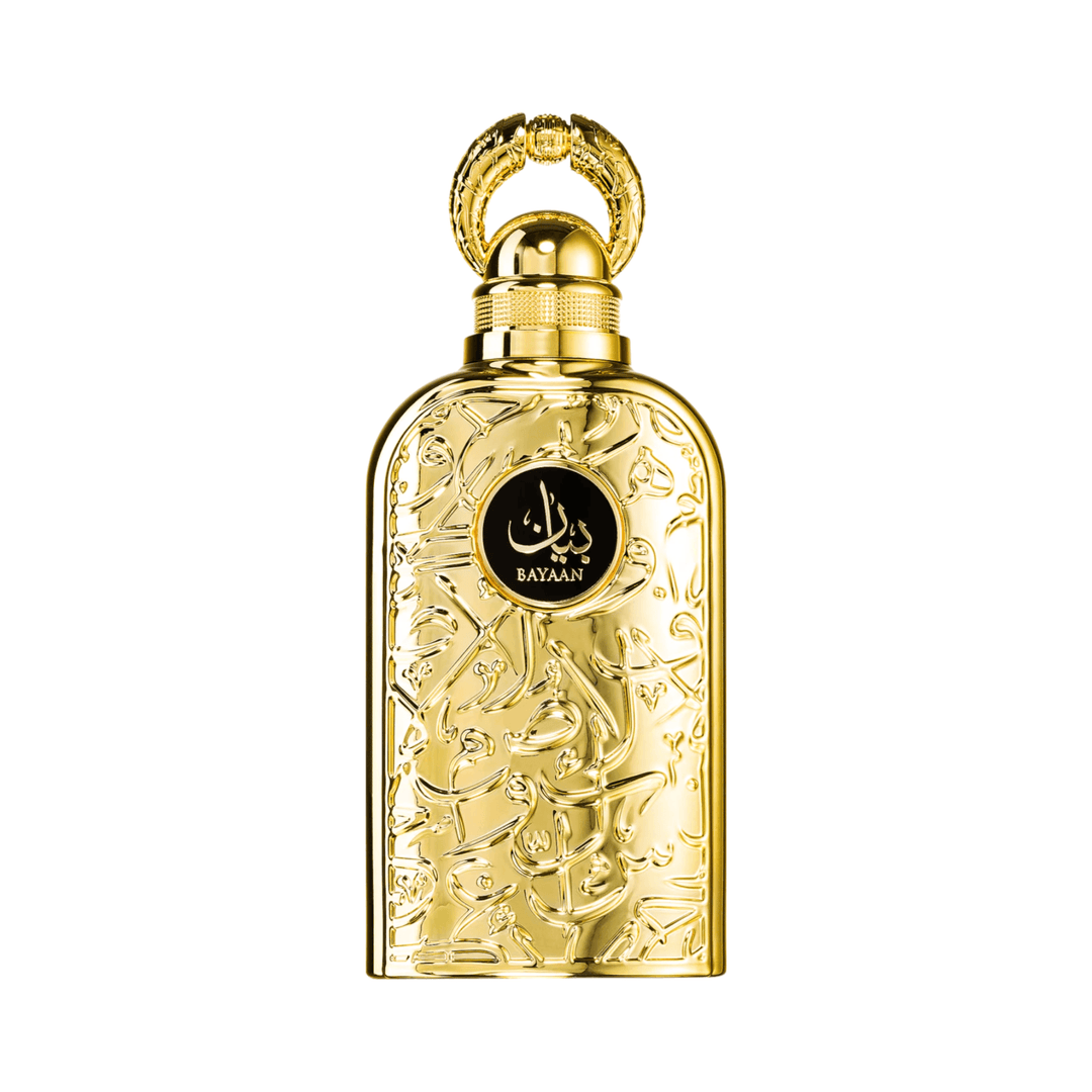 Close-up of Lattafa Bayaan perfume bottle, highlighting the sophisticated design and the versatile unisex fragrance.