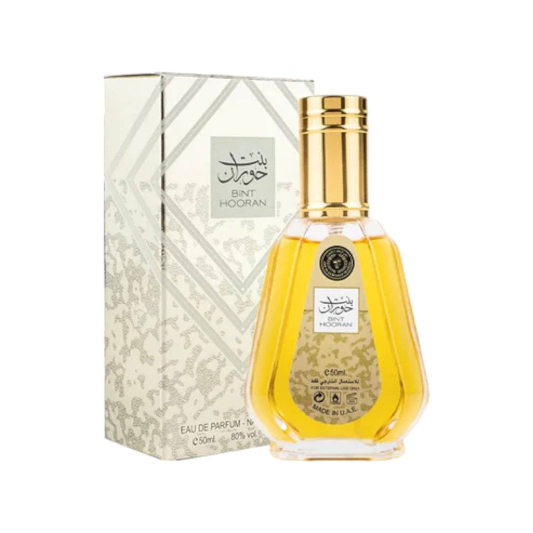 Bint Hooran 50ml EDP bottle by Ard Al Zaafaran, featuring oriental notes of Oudh, bergamot, and sandalwood in a stunning design.