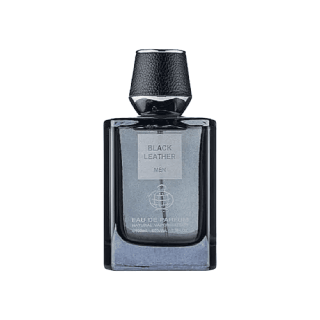 Elegant 100ml bottle of Black Leather by Fragrance World, showcasing its luxurious blend of blackcurrant, bergamot, and oakmoss.