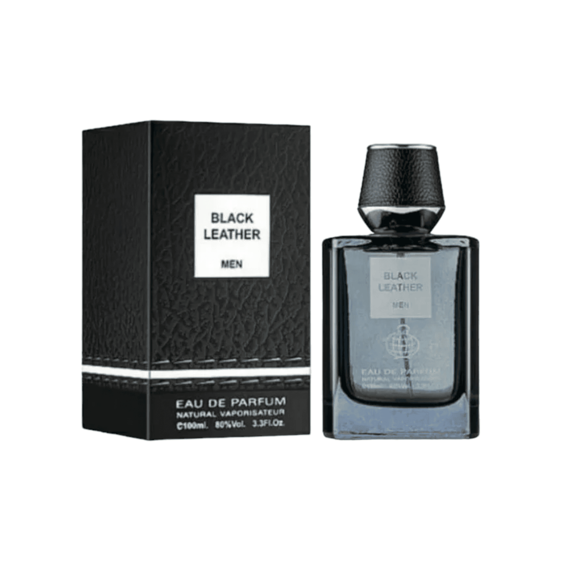Elegant 100ml bottle of Black Leather by Fragrance World, showcasing its luxurious blend of blackcurrant, bergamot, and oakmoss.